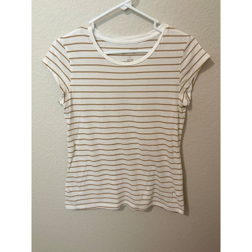 Universal Thread Tan White Striped Crew Neck Tee Womens Size Small Casual Basic